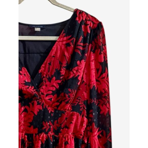 Tommy Hilfiger Women's Red Glitter-Dot Floral V-Neck Self-Tie Dress Size 12 - Picture 6 of 10